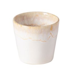 A white ceramic espresso cup with a smooth, minimalist design. The cup has a cylindrical shape and a simple, clean appearance.