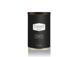 Tahmis Cardamom Turkish Coffee, a traditional Turkish coffee blend with the aromatic flavor of cardamom. Available in 250g, 100g, and 500g sizes.