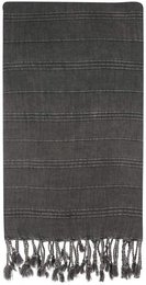 A large, dark gray beach towel made of 100% cotton with a stonewashed finish and striped pattern. The towel measures 160cm x 100cm and is suitable for use in the bathroom or at the beach.