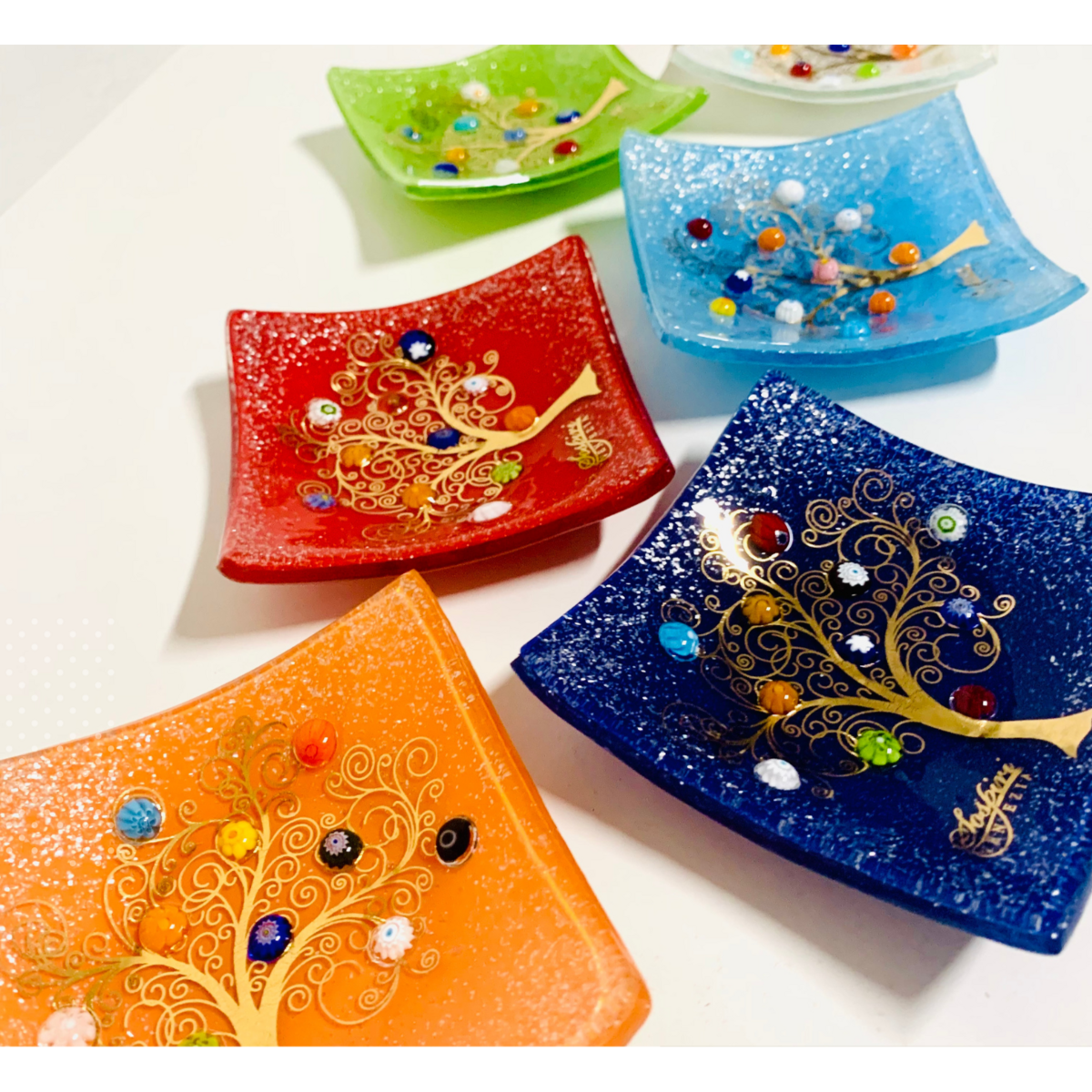 Quadratschüssel in Murano -Glas, Geschenkidee, Gefälligkeiten, goldener Dekoration des Lebens und Murrine di Murano