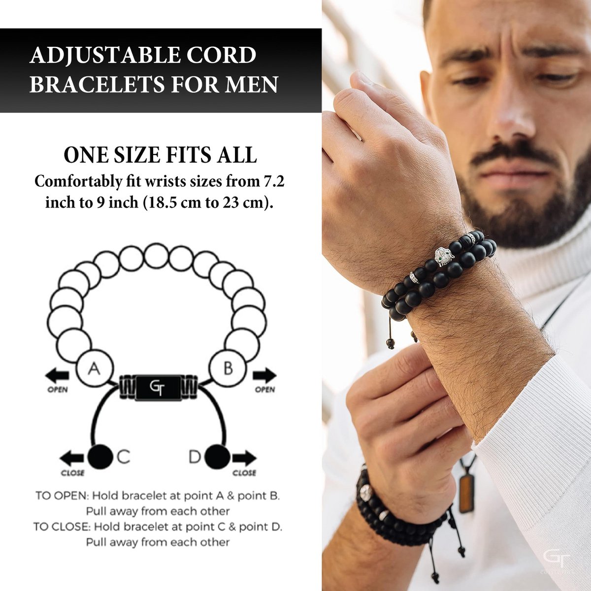 Bracelet Homme ONYX NOIR Avec Tête LÉOPARD Argenté