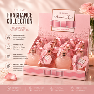 80ml bad- en douchegel “Powder Rose” in een hartflesje in de display