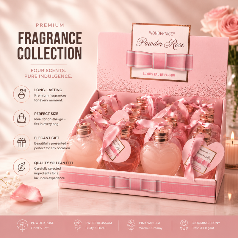 80ml bad og brusegel "Powder Rose" i en hjerteflaske i displayet