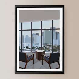  Poster featuring a modern office space with large windows overlooking a city skyline. The poster has a minimalist design with a neutral color palette.