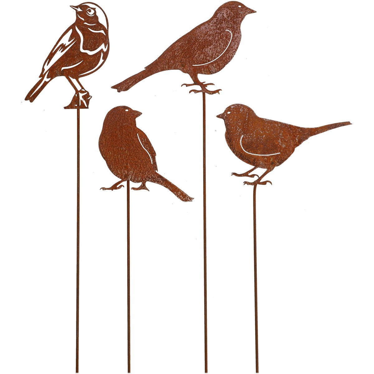 Metal plug bird chip, 4 motifs, H60cm, motif H20-25H13-16cm, rust