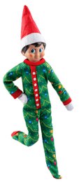 Green Christmas pajamas with red trim, elf outfit, long sleeves, festive holiday pattern, doll clothing.