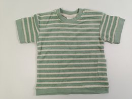 Green striped short sleeve baby t-shirt, knitted terry material, horizontal stripes, casual style.