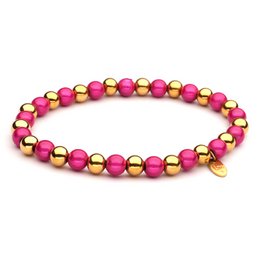 Stainless steel beaded bracelet in gold and fuchsia colors, featuring a mix of round beads in various sizes.