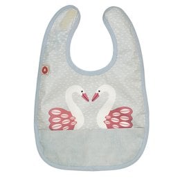 A light blue bib with a swan design featuring pink wings and a red heart. The bib is made of soft, absorbent material and is suitable for babies and toddlers.