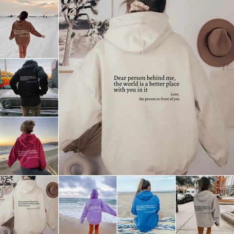 Beste persoon achter mij, de wereld is een betere plek, met jou erin, liefde, de persoon voor je, dames pluchen letter bedrukte hoodie met trekkoord en trekkoord, unisex trendy hoodies