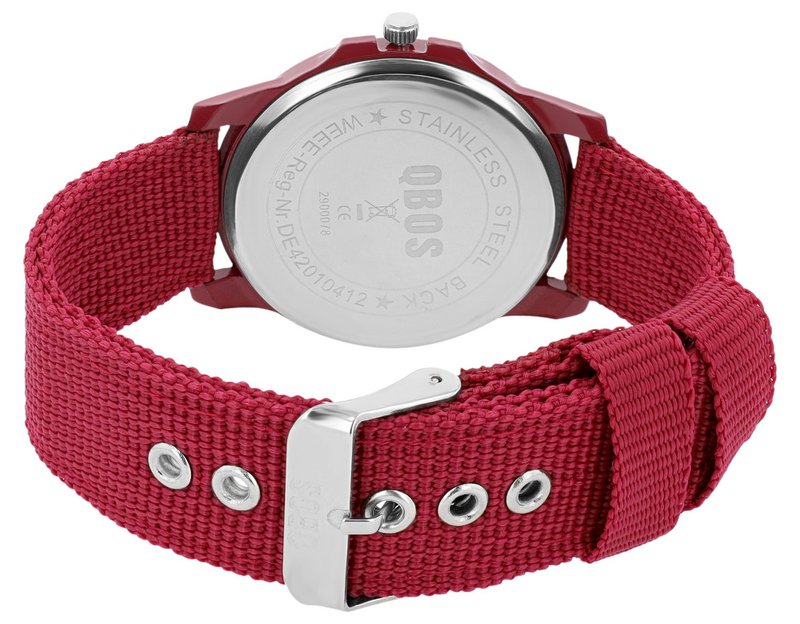 QBOS men's watch with textile strap, dark red
