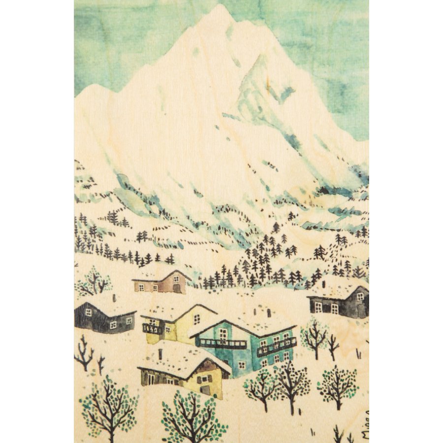winter village wooden postcard