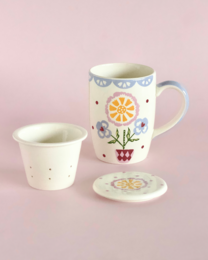 Tasse en céramique peinte à la main avec infuseur et couvercle - Motif floral, 385 ml