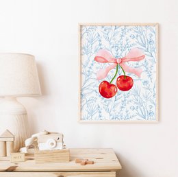 Wiśniowy nadruk z kokardką, plakat wiśniowy, plakat z kokardką, nadruk kokietki, niebieski toaleta, niebieski plakat do pokoju dziewcząt, plakat do przedszkola dla dziewcząt