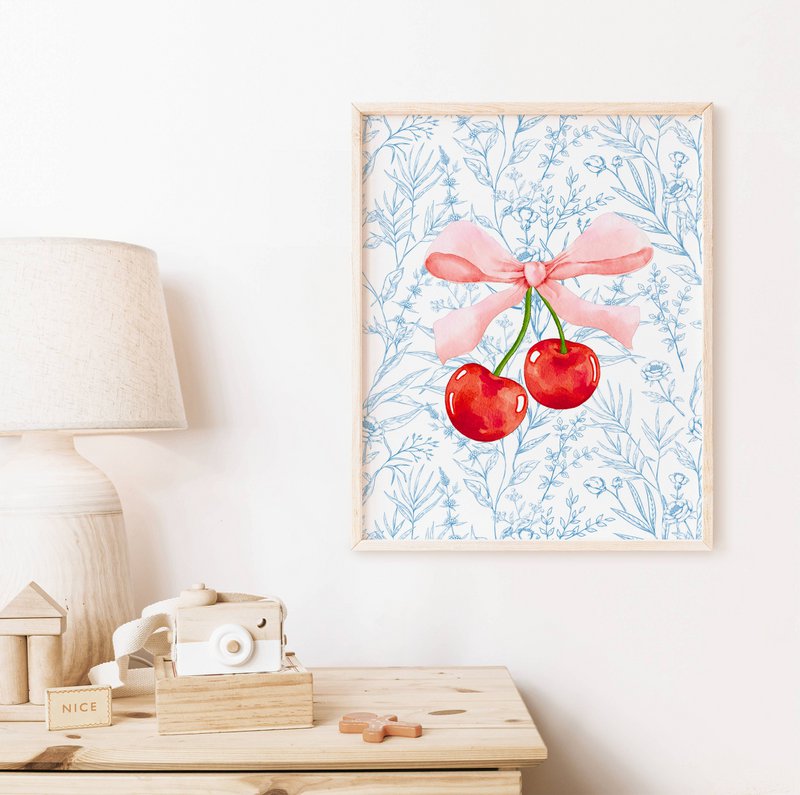 Wiśniowy nadruk z kokardką, plakat wiśniowy, plakat z kokardką, nadruk kokietki, niebieski toaleta, niebieski plakat do pokoju dziewcząt, plakat do przedszkola dla dziewcząt