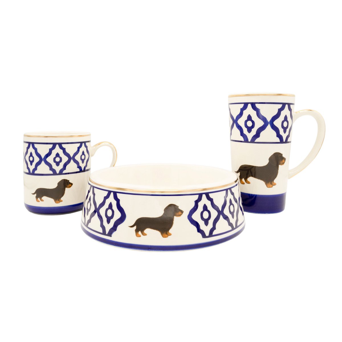 Tea cup/tea mug model dachshund made of ceramic, hand-painted with dachshund motif, gold rim and gold-coated handle, 250 ml. Cup contents available in red, green and blue