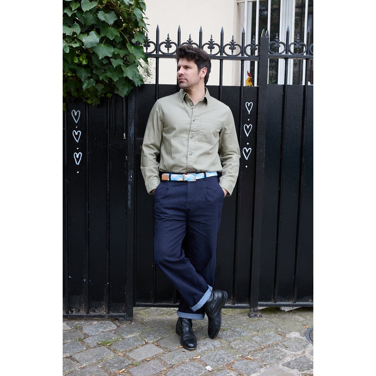 Beige white elastic braided belt