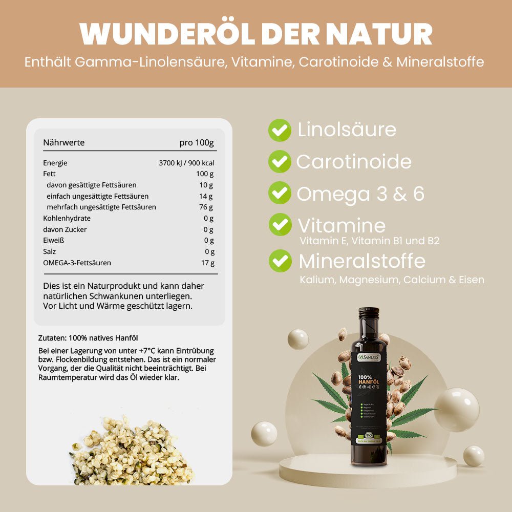 Sanuus Allgäu organic hemp oil cold pressed 500ml +omega -3 - purely from unpainted hemp seeds from Germany