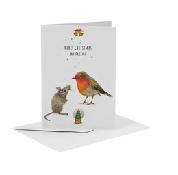 A hand-painted Christmas card featuring a robin and a mouse, with the text "Merry Christmas, my friend" on a white background. The card is A6 size.