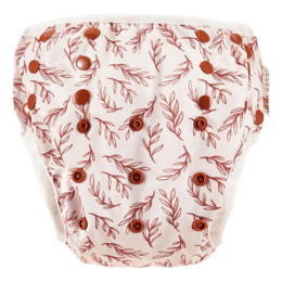 Swim diaper with a leaf and acorn pattern in shades of red and brown. Designed for children.