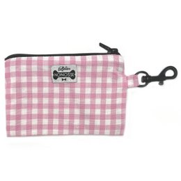 A pink and white gingham-patterned zipped pouch with a dog-themed label, suitable for use as a dog leash accessory.
