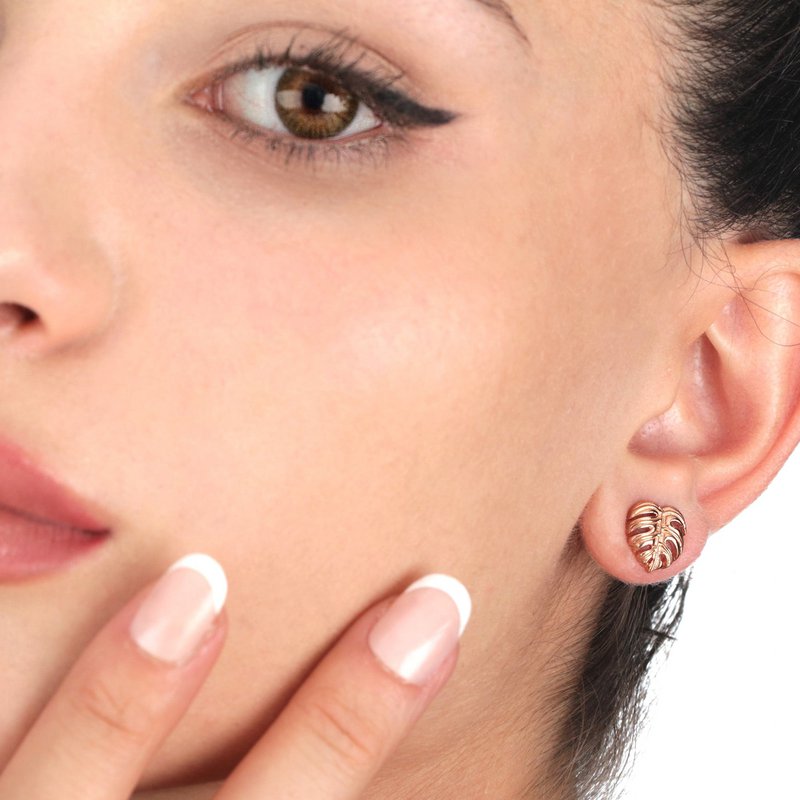 Monstera Leaf Stud Øreringe - 925 Sterling Rose Guldbelagt - Eksotiske blade smykker - OHR925-89