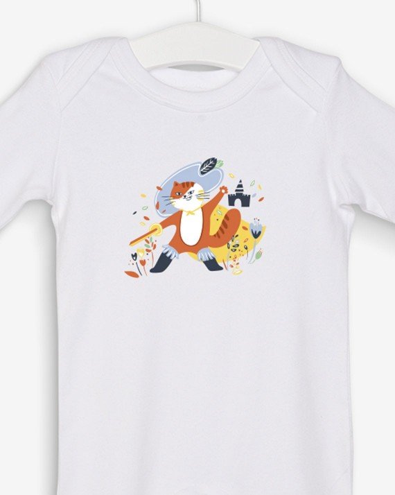 White pajamas Chat Botté 100% organic cotton certified OEKO-TEX