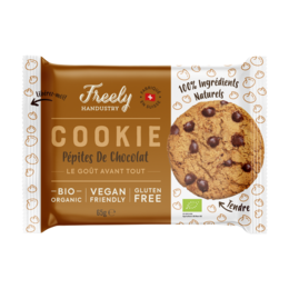 Chocolate chip cookies, vegan and gluten-free, made with natural ingredients. Round, soft cookies with visible chocolate chips.