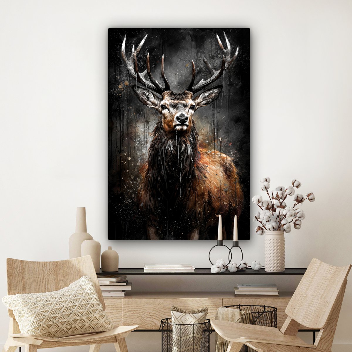 Leinwand Malerei - Wanddekoration Hert - Schwarz - Tier - Hirschbett - Wanddekoration Wohnzimmer - Schlafzimmer Dekoration - Raumzubehör - Leinwand Gemälde
