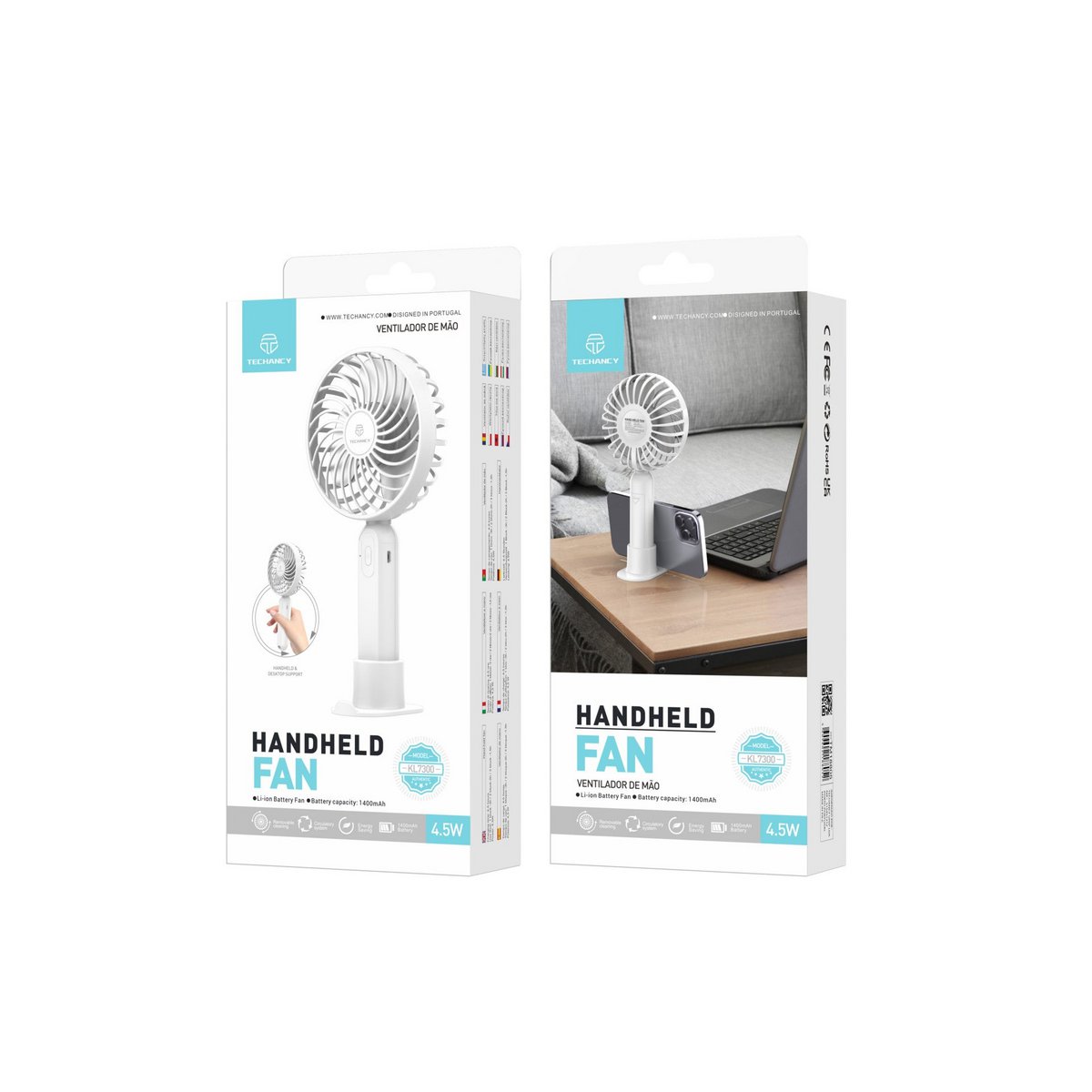 Techancy Ventoinha Portátil De Mão Branca KL7300, Ajustável A 3 Velocidades, Com Suporte Para Utilização Em Secretária