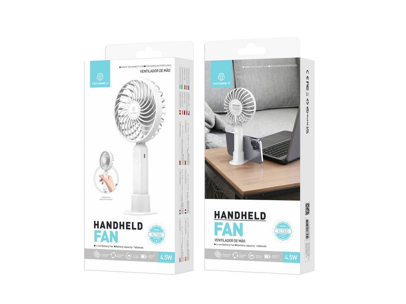 Techancy Ventoinha Portátil De Mão Branca KL7300, Ajustável A 3 Velocidades, Com Suporte Para Utilização Em Secretária