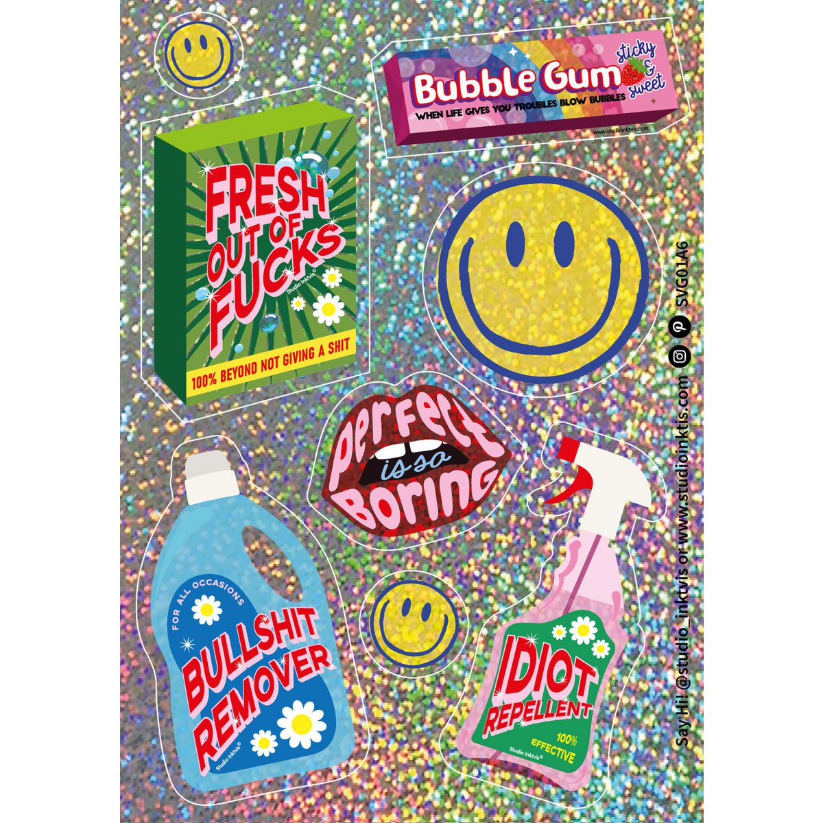 Hoja de pegatinas con purpurina, removedor de Smiley Bullshit y más