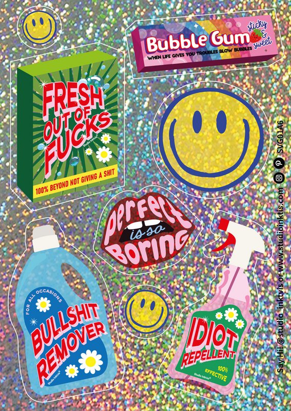 Glitter klistermærkeark Smiley Bullshit remover og mere