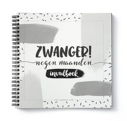 A black and white pregnancy diary journal with the title "Zwanger?! Negen maanden unvloed" (Pregnant?! Nine months uninterrupted) and a simple, minimalist design.