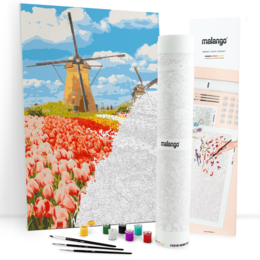 Vibrant tulip landscape with a traditional Dutch windmill against a blue sky. Includes paint brushes and numbered paint pots for a DIY painting by numbers experience.