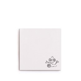 White notepad with a knitting-themed illustration, perfect for jotting down notes and ideas related to knitting projects.