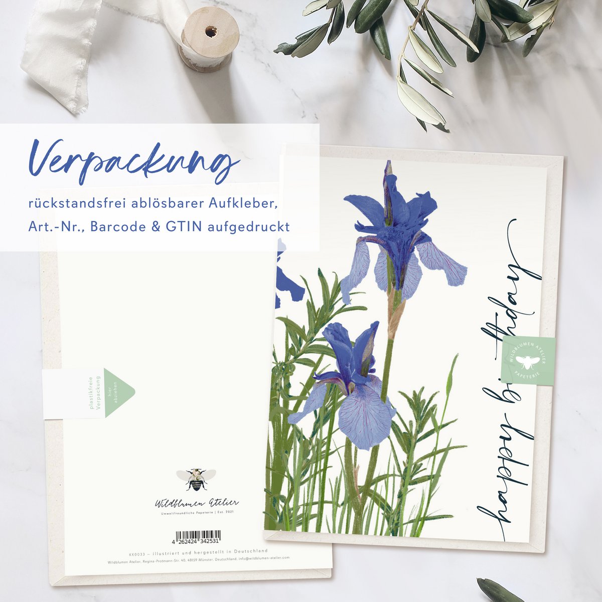 Klappkarte 'happy birthday' blaue Blumen, inkl. Umschlag