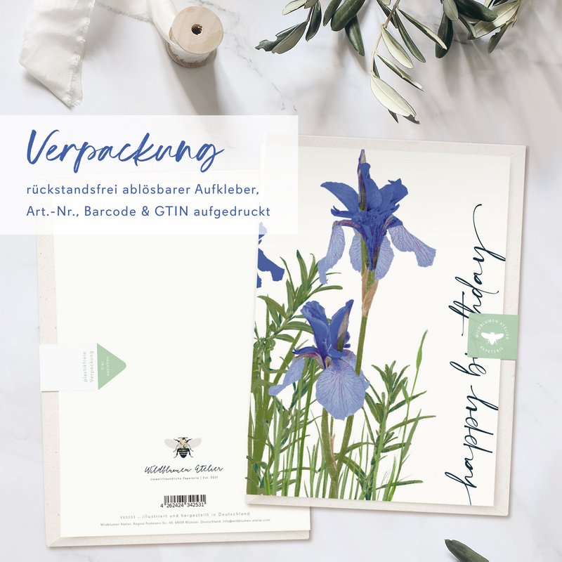 Klappkarte 'happy birthday' blaue Blumen, inkl. Umschlag