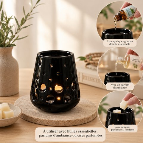 Parfümbrenner – Black Loob – Kerzenhalter aus lackierter Keramik – gesundes Diffusionszubehör – duftende Wachse, ätherische Öle – dekoratives Objekt