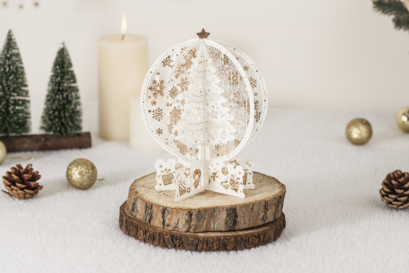 3D Pop up Christmas card with white Christmas trees and golden Christmas stars incl. message panel