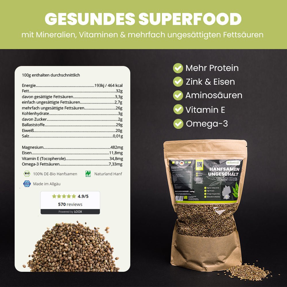 SANUUS Allgäu organic hemp seeds unpeeled from roasted hemp seeds 750g
