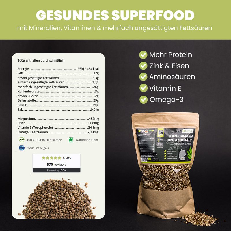 SANUUS Allgäu organic hemp seeds unpeeled from roasted hemp seeds 750g