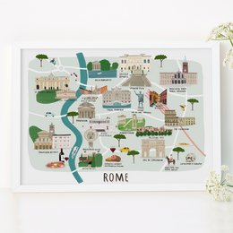 Illustrated map of Rome featuring landmarks, buildings, and other iconic elements of the city. Printed on 210 gsm matte paper, available in unframed and framed solid wood options.
