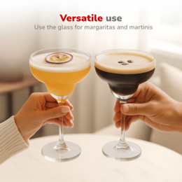 Clear glass cocktail coupe, versatile for margaritas and martinis, elegant stemmed drinkware.