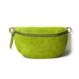  A suede fanny pack cross bag available in a variety of colors including turquoise, aqua green, light blue, pistachio green, taupe, yellow, light brown, dark green, and beige. The bag features a zippered closure and a compact, rounded shape.