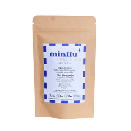 Minttu mint xylitol caramels, white round candies, kraft paper bag, blue label, sugar-free toffees