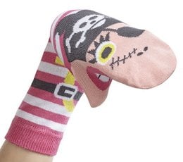 Colorful striped children's sock puppet with a pirate-themed design, featuring a skull and crossbones motif. Available in sizes for ages 3-4, 5-6, and 7-8 years.