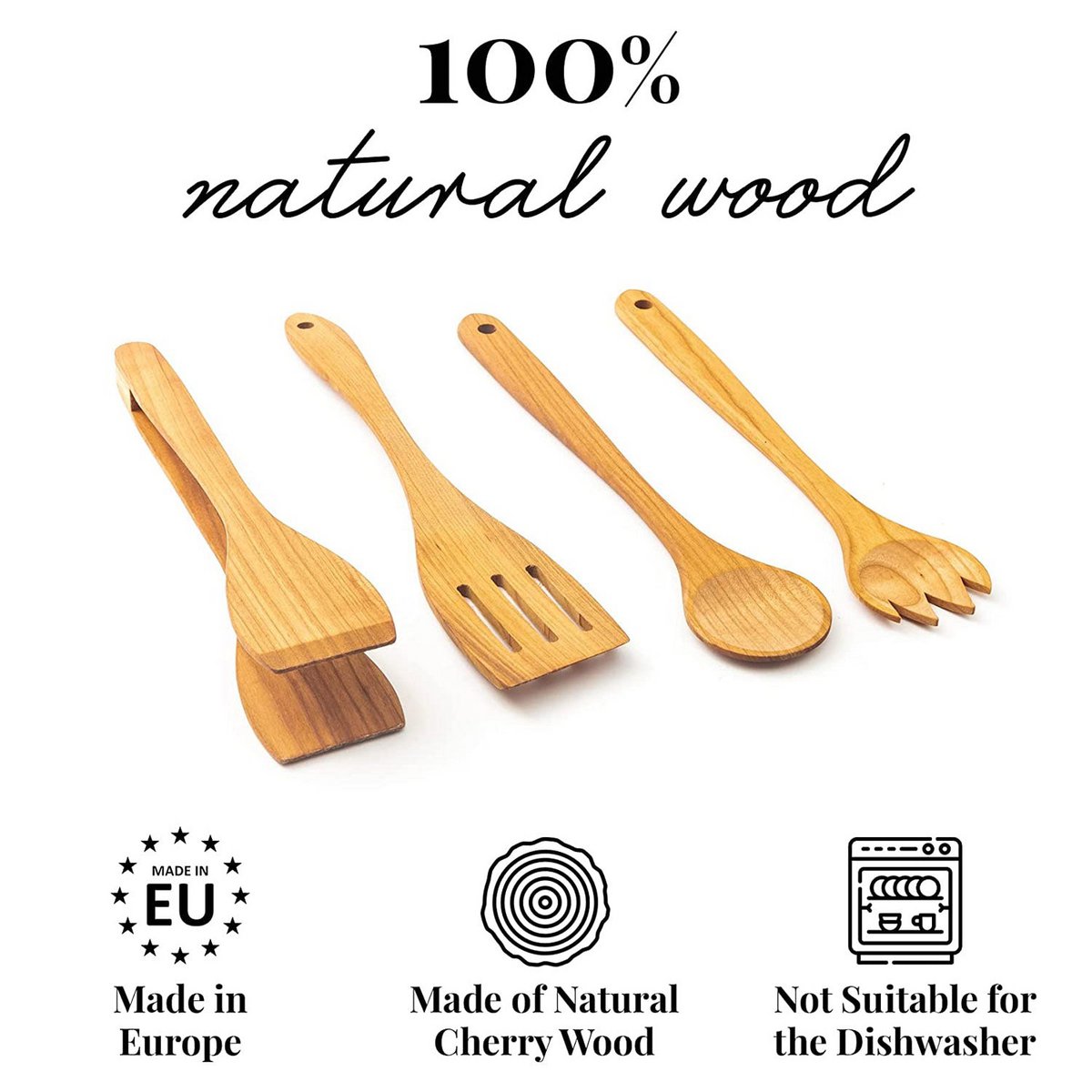 4 Piece Wooden Kitchen Cooking Set Cherry Wood