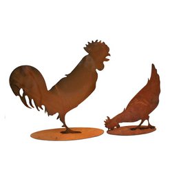 Rust-colored metal rooster and chicken garden sculptures, featuring a tall rooster figure and a smaller chicken figure, suitable for outdoor home and garden decor.