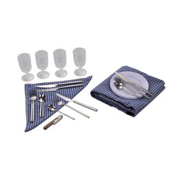 LAGUIOLE, Panier Pique-Nique pour 4 Personnes, Osier, Coton, Céramique, Métal et PVC, Repas Nomades, Plein Air, Extérieur, Camping, Randonnée, Marron
